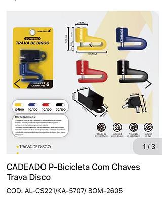 Cadeado para bicicleta com chaves trava disco