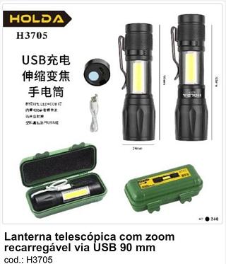 Lanterna telescópica com zoom recarregável USB