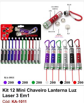 Kit 12 mini chaveiro lanterna luz laser 3 em 1