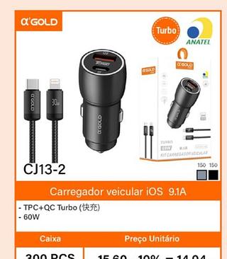 Kit carregador veicular TIPO-C para IOS 9.1A
