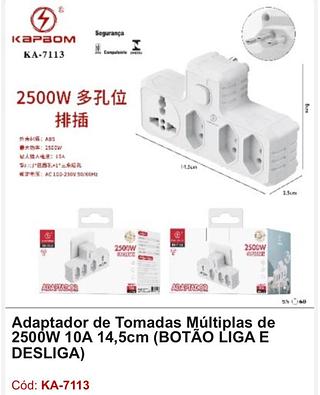 Adaptador de Tomadas Múltiplas de 2500W 14,5cm